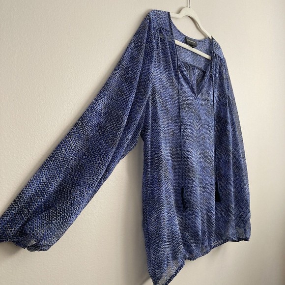 Lane Bryant Womens Plus Blue Black Dot Sheer Blouse Top Shirt Size 18/20 Tassels - Picture 5 of 12